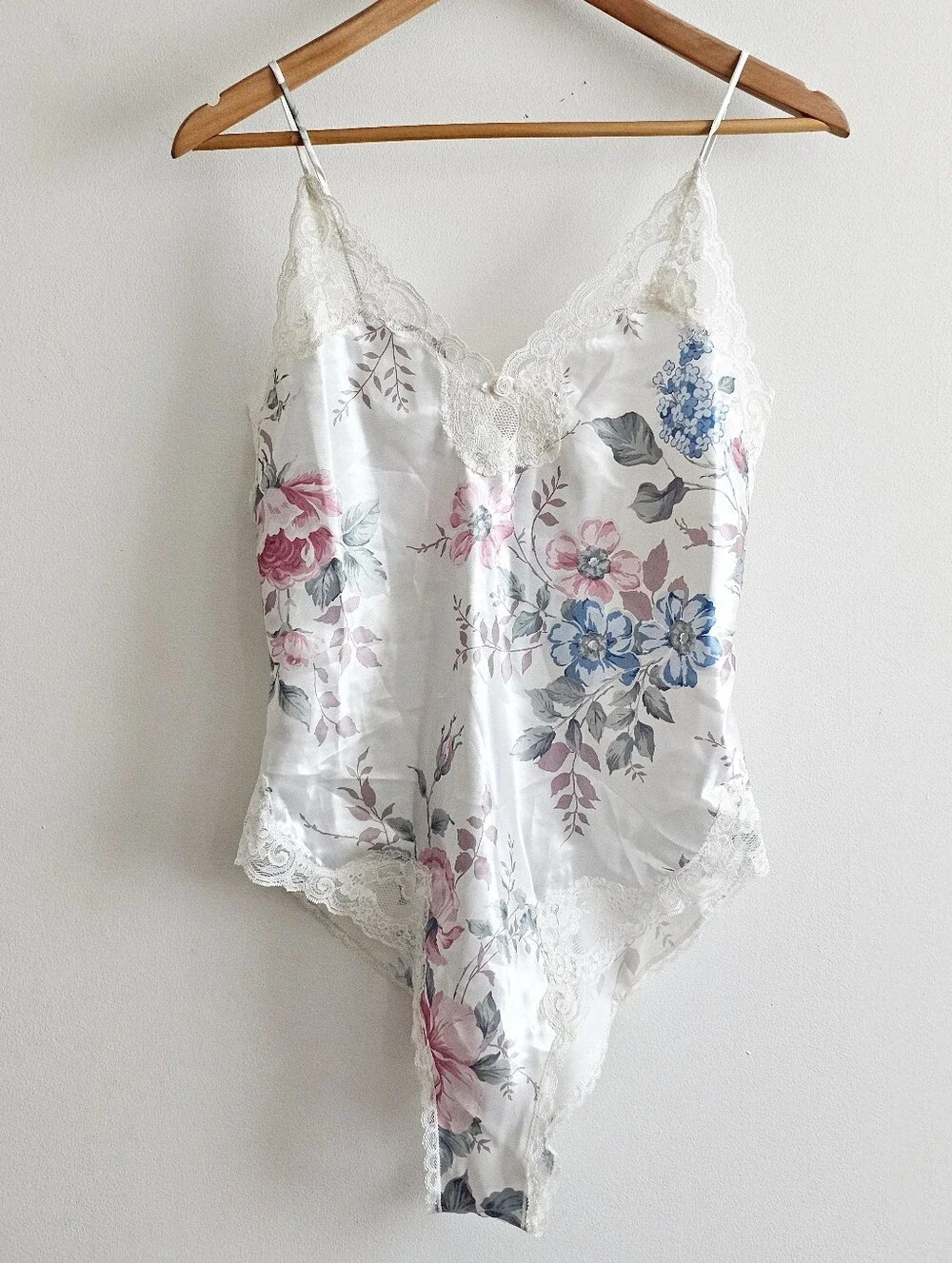 Vintage 80's Delicates Floral Satin Teddy Bodysuit Lace Lingerie Romper S